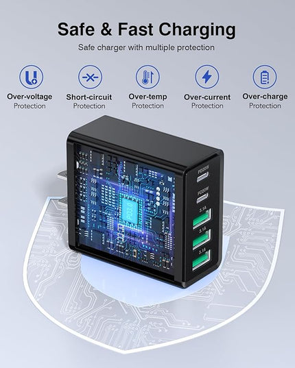 [2-Pack] USB C Wall Charger, 60W USB C Charger Block 5-Port PD Fast Charging Blocks,2USB C+3USB A Multiport Plug,Type C Power Adapter Brick Cube for iPhone 17/16/15/14/13/Pro,Samsung,for Switch（Black）