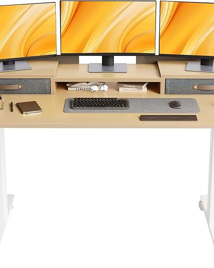 Claiks Standing Desk with Drawers, Adjustable Stand Up Electric Standing Desk Adjustable Height with Storage Shelf and Splice Board, 59 Inch, Natural