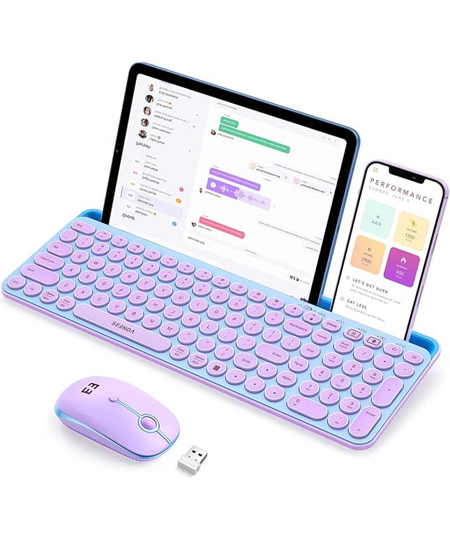seenda Bluetooth Keyboard and Mouse for iPad, CTU-301 Wireless Multi-Device Connection Bluetooth+2.4G Keyboard Mouse Combo with Tablet Holder for iPad/Macbook/Windows, iOS/Andriod/Phone, Blue & Purple