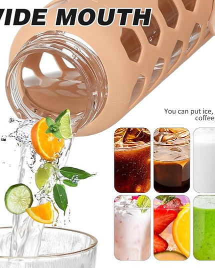 MUKOKO Glass Water Bottles, 24oz Glass Tumbler with Straw, Drinking Bottles with 2 Lids-Handle Spout Lid&Bamboo Straw Lid, Motivational Water Bottle with Time Marker and Silicone Sleeve, 1 Pack-Amber