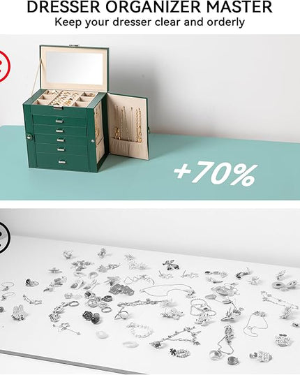 Frebeauty Large Jewelry Box,6-Tier PU Leather Jewelry Organizer,Multi-functional Storage Case with Mirror,Accessories Holder with 5 Drawers for Necklace Bracelets Watches(Blackish Green)