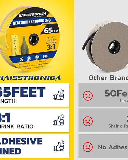 haisstronica 3:1 Heat Shrink Tubing, Shrink Ratio Adhesive Lined Marine Grade Heat Shrink Tube for Home, Automotive and Industrial (Yellow) 65FT 3/8inch