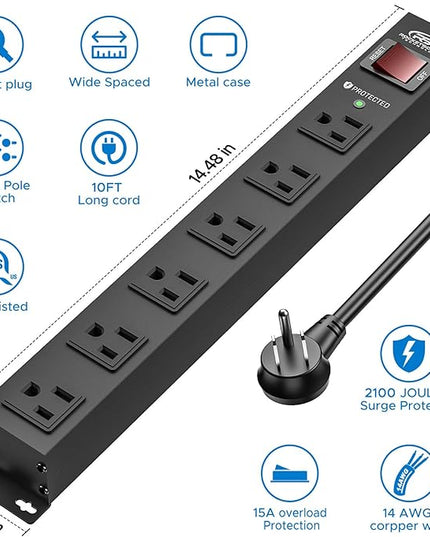 CRST 6 Outlet Heavy Duty Power Strip with Switch, 15A/1875W Metal Mountable Power Strip Surge Protector 2100Joules, 10 FT Wide Spaced Power Bar