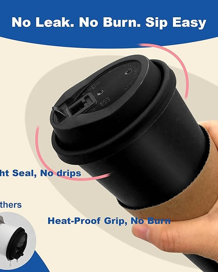 Coolcap 20 oz 500 Pack Coffee Cups with Lids and Sleeves, Straws, Hot Disposable To Go Travel Paper Cups Bulk for Office, Home Coffee Bar Accessories, Chocolate, Cocoa, Beverage (Black)