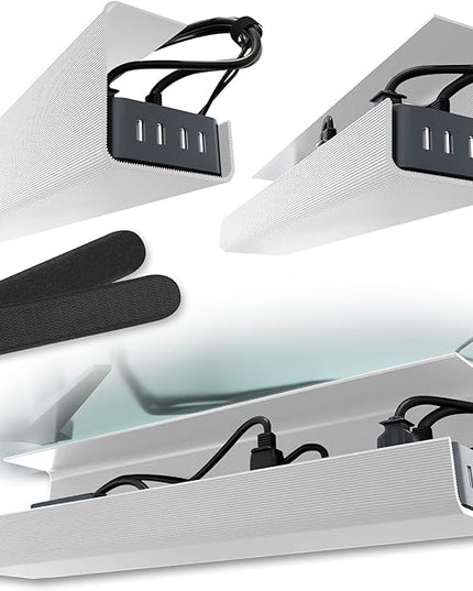 No-Screw Under Desk Cable Management Tray - Self-Adhesive Installation, Cord Management, Cable Tray, Under Desk Wire Organizer - White Set of 2