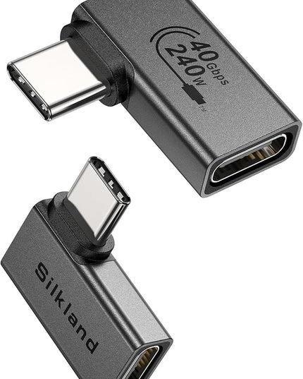 Silkland 90 Degree USB C Right Angle Adapter 2 Pack, 240W 40Gbps Male to Female USB-C Adapter Extender Compatible with Thunderbolt 4/3 for Steam Deck, ROG Ally, MacBook, Switch, iPhone 16/15, Quest 3