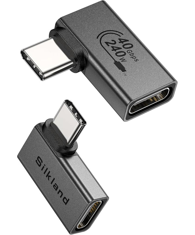 Silkland 90 Degree USB C Right Angle Adapter 2 Pack, 240W 40Gbps Male to Female USB-C Adapter Extender Compatible with Thunderbolt 4/3 for Steam Deck, ROG Ally, MacBook, Switch, iPhone 16/15, Quest 3