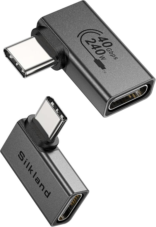 Silkland 90 Degree USB C Right Angle Adapter 2 Pack, 240W 40Gbps Male to Female USB-C Adapter Extender Compatible with Thunderbolt 4/3 for Steam Deck, ROG Ally, MacBook, Switch, iPhone 16/15, Quest 3