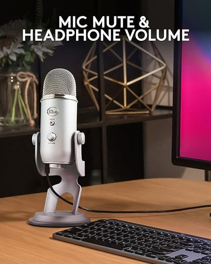 Logitech Creators Blue Yeti USB Microphone for Gaming, Streaming, Podcast, YouTube, Discord, PC, Studio Sound, Plug & Play-Silver