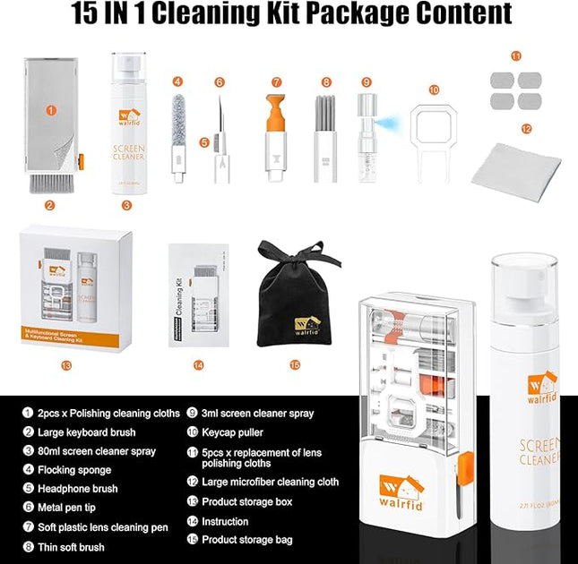 walrfid Laptop Keyboard Cleaner Kit, 15-in-1 Computer Screen Cleaning Brush Tool for iPhone Phone iPad MacBook, Electronic Device Clean Spray for Camera Lens PC TV Tablet, 82ml Screen Cleaner
