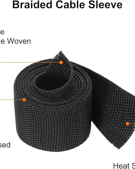 MECCANIXITY Braided Cable Sleeves Heat Shrinkable Fabric Sleeving, 7/8" 3ft Black 2:1 Ratio Heat Shrinkable Cord Protector for Harness Cable, Network Cable Protection, Cable Management