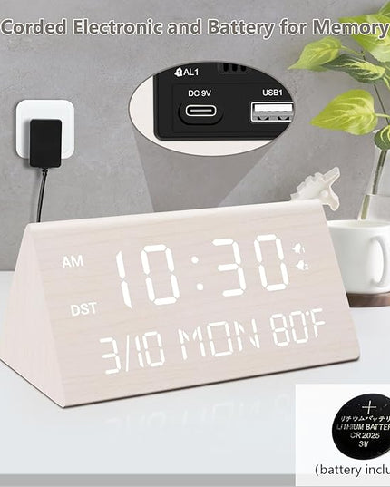 Kogonee Wooden Digital Alarm Clock, 0-100% Dimmer, 2 Alarm Settings, Weekday/Everyday Mode, 9 Mins Snooze, 12/24H, Temperature and Date Display for Office, Travel, Bedroom Alarm Clock (White)