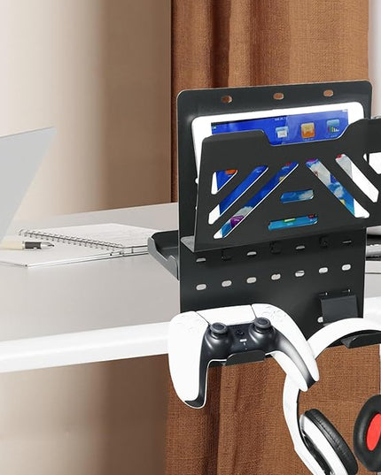MAXECHO Desk Side Storage Holder, Metal Pegboard, Above or Under Desk Laptop Mount, Table Side Hanging File Organizer, Clamp On Cable Management Tray, Peg Board for Gaming, Office