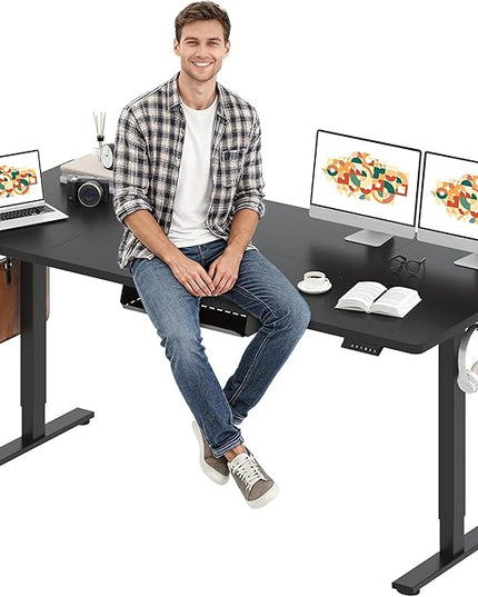 SANODESK Electric Standing Desk 79 x 32 Inches Height Adjustable Stand Up w/6-Button Ergonomic Computer Desk with Splice Board for Home Office, Black Frame + Black Tabletop