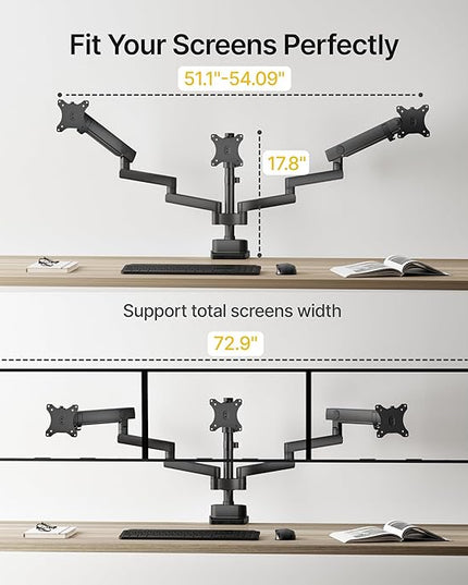 monTEK Triple Monitor Mount for Max 27 inch Computer Screens, 3 Monitor Desk Mount Each Arms Holds up to 19.8lbs, Three Monitors Desk Arm with Swivel, Tilt, Rotation, MA1009PBK-T