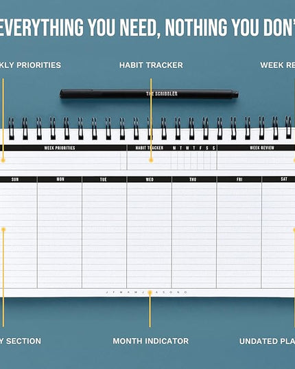 Weekly Planner 2026 (Undated) | Daily Weekly Monthly Planner PRODUCTIVE WEEKS + Pen | Habit Tracker Organizers office, academic | Week at a glance planners for men and women | 1 Full Year | V1
