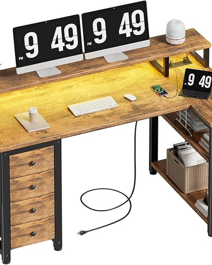 Lufeiya L Shaped Gaming Desk with Led Lights and Power Outlets, 47 Inch Corner Home Office Desk with Monitor Stand Shelves, Writing Study Computer Desks with Fabric Drawers for Bedroom, Rustic Brown