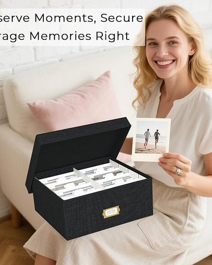 Decorative Photo Storage Box - Linen Photo Box Organizer with Dividers, Fits Holds Up to 1700 Pictures and 4x6 Photos, Memory Keepsake Organizer for Photos, Scrapbook Supplies, Cards, Stamps (Black)