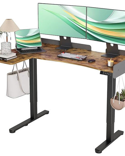 Claiks L Shaped Standing Desk, 55 Inch Electric Height Adjustable Desk Left Facing Corner Workstation with Splice Board, Rustic Brown