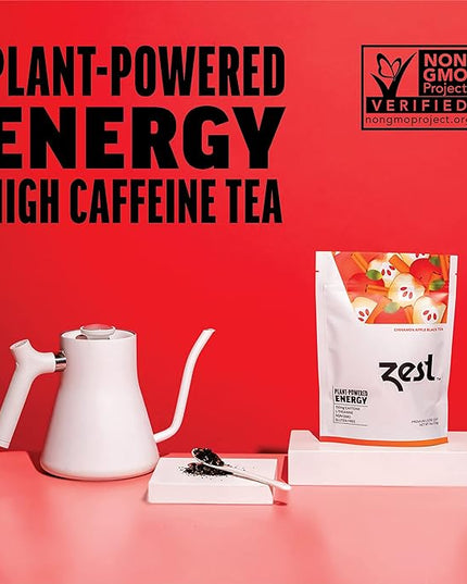 Zest 150mg High Caffeine Energy Loose Leaf Blend - Cinnamon Apple Black Tea - 4 Oz - All Natural Strong Flavored Healthy Coffee Alternative Highly Caffeinated Substitute - Perfect for Keto Diet