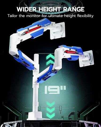 ARES WING Dual Monitor Mount, Adjustable Stacked Monitor Stand with USB A/C, Heavy Duty Gas Spring Monitor Desk Stand for 2 Monitors for 24-57 Inch Ultrawide Screen, 75/100/200 Vesa Mount, White