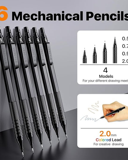 STAGEEK 35PCS Black Art Mechanical Pencil Set in Case，0.5 0.7 0.9 2.0 Graphite Metal Drawing Drafting Pencils, Sharpener Erasers 384PCS Lead Refills (6B 4B 2B HB 2H 4H Colors) for Writing Sketching