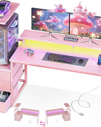 AODK 59 Inch Gaming Desk with USB Charging Ports & LED Light- Reversible Computer Desk with Storage Shelves & Monitor Stand, Modern Gamer Desk Table with Fabric Drawers & Side Hook, Carbon Fiber Pink