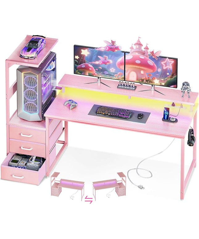 AODK 59 Inch Gaming Desk with USB Charging Ports & LED Light- Reversible Computer Desk with Storage Shelves & Monitor Stand, Modern Gamer Desk Table with Fabric Drawers & Side Hook, Carbon Fiber Pink