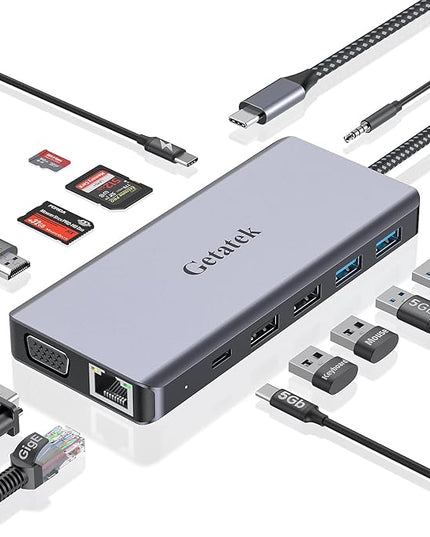 Getatek13-in-1 Docking Station with 4K HDMI,VGA,Ethernet,USB A 3.0 Data Port and USB C 5Gbps Port,100W PD Charging,SD/TF/MS Card Reader and 3.5MM Audior for MacBook, Acer, Laptops, Surface and More