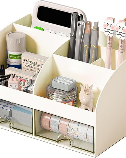 Desk Organizer with 6 Compartments and 2 Drawers, Plastic Makeup Organizer, Pen Holder for Desktop Storage, Desk Organization for School, Home, Office Supplies (Ivory)