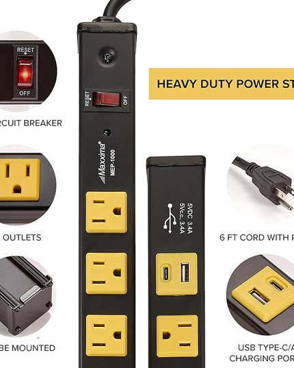Maxxima 10 Outlet Heavy Duty Power Strip with USB Type-C/A Charging Ports, Surge Protected, 15A, Features Red On/Off Switch, 6 ft. Extension Cord, Bracket & Screws Included, Garage, Shop, Home