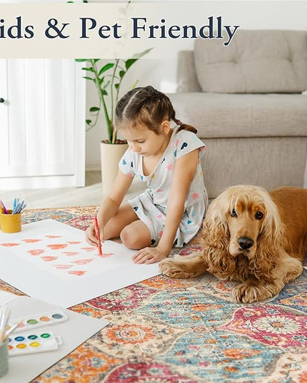 Lahome Moroccan Machine Washable Rugs for Living Room, 4x6 Rug for Bedroom Non-Slip Vintage Trellis Ultra-Thin Throw Carpet for Dining Room Office Nursery, Cream/Multi