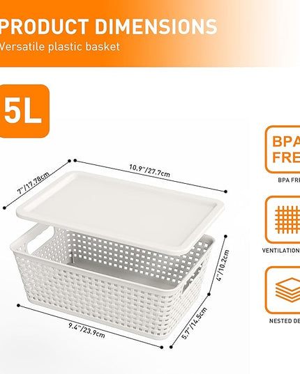 Plastic Storage Baskets With Lid, Storage Bins for Organizing, Stackable Decorative Containers for Shelves Drawers Desktop Closet Playroom Classroom Office, 10 Pack-White