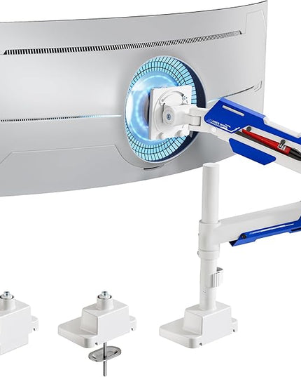 ARES WING CoreArm Single Monitor Mount, Ultrawide Monitor Arm for 24 to 57'' Heavy Duty Curved Screen, Adjustable Gas Spring Monitors Arm Stand up to 66LBS with 75/100/200 Vesa Mount, White