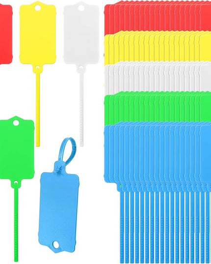LeonBach 100 PCS Plastic Shipping Tags,1.46" x 2.48", Waterproof Labels Writable Hanging Tag with Sealing Strap,Shipping Cable Tie Label Tags for Keys Luggage Logistic Retail Inventory(Multicolored)