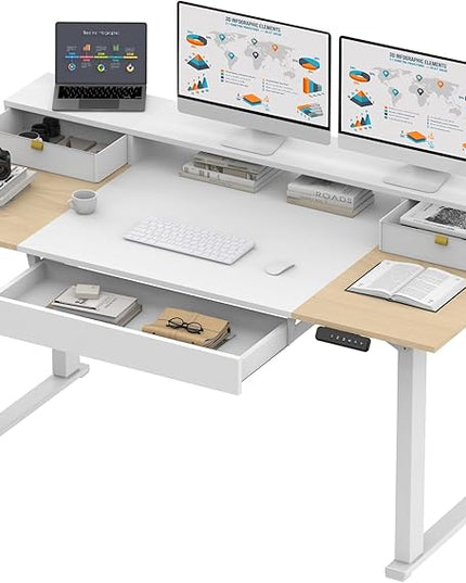 SANODESK Electric Standing Desk with Drawer, 71 x 32 inch Height Adjustable Computer Desk, Home Office Stand Up Desk with 4 Preset Heights, White