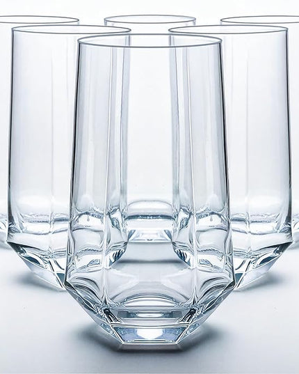 Crystal Beverage Glasses- Set of 6- Hexagon Design – 16oz Beer Tumbler & Highball Glass | Modern Tall Drinking Glass for Beer, Cocktails, Iced Tea, Cold Drinks & Everyday Use