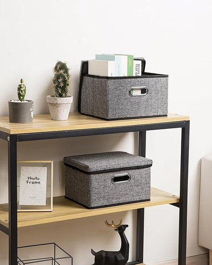 PRANDOM Storage Bins with Lids [3-Pack] Linen Fabric Foldable Storage Boxes Organizer Containers Baskets Cube with Cover for Home Bedroom Closet Office Nursery Grey（11.4X8.6X6.7
