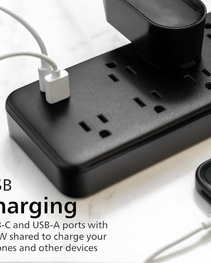 Philips 9-Outlet Surge Protector with USB Charging, 6ft Braided Extension Cord, 1USB-A, 1USB-C, 2400J, Adapter Spaced, Black - SPP3983B/37