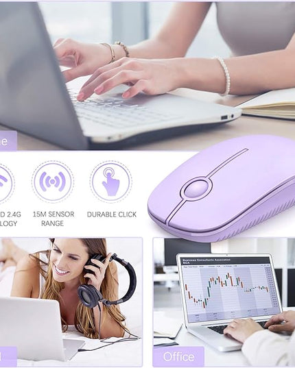VssoPlor Wireless Mouse, 2.4G Slim Portable Computer Laptop Mouse with Nano Receiver Quiet Silent Optical Mice for Notebook, PC, Laptop, Computer-Light Purple