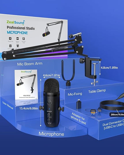 ZealSound Podcast Microphone for PC/Mac/iPhone – USB Studio Mic with Noise Cancellation, RGB Lighting, Mute, Gain, Monitoring & Echo, Boom Arm & Pop Filter, Streaming, Recording, TikTok, YouTube