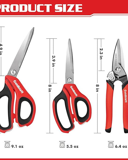 Goldblatt 3PCS Heavy Duty Scissors, Multipurpose Shop Scissors, Drop Forged Blades with Small Serrations, Comfortable Handle for Easy Cutting Cardboard, Wires, Leather, Fabric