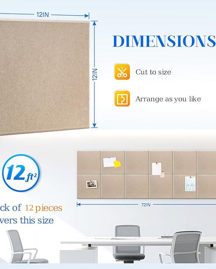 DOLLAR BOSS Large Cork Board for Wall 48" x 36" x 0.5" Bulletin Board 12 Packs Corkboard Tiles Self Adhesive Felt Wall Tiles for Office Home School, Latte
