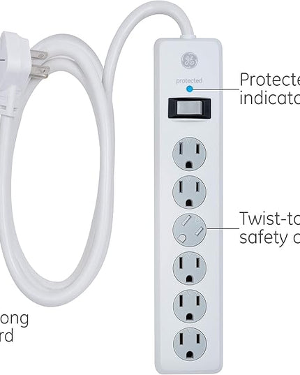 GE Surge Protector Power Strip, 6 Ft Extension Cord, 6 Outlet Extender, 800 Joules, Flat Plug, Twist-to-Close Safety Covers, ETL Listed, White, 2 Pack, 54638