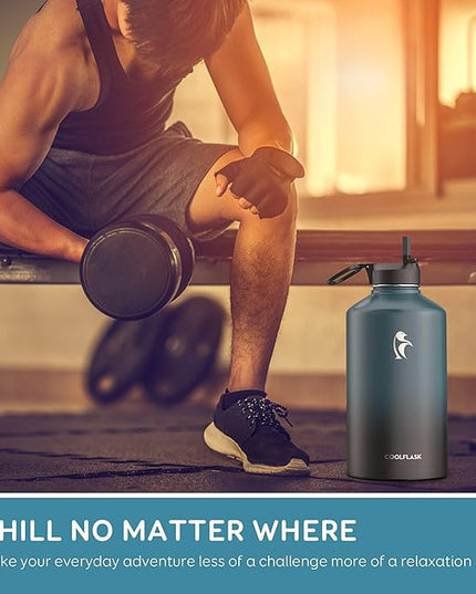 Coolflask 128 oz Gallon Water Bottle Insulated with Straw&3 Lids, Water Jug Large Stainless Steel Metal Vacuum Wide Mouth for Sports, Gym or Office, Non-BPA Keep Cold 48H Hot 24H, Samurai Cyan
