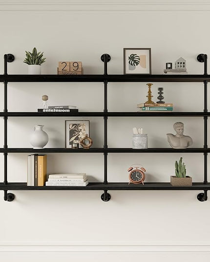 Floating Shelves for Wall Bookshelf Industrial Pipe Shelving Shelves 60 Inch Natural Wood Planks Rustic Wall Shelves Hanging Bookshelves Farmhouse Kitchen Shelving Black