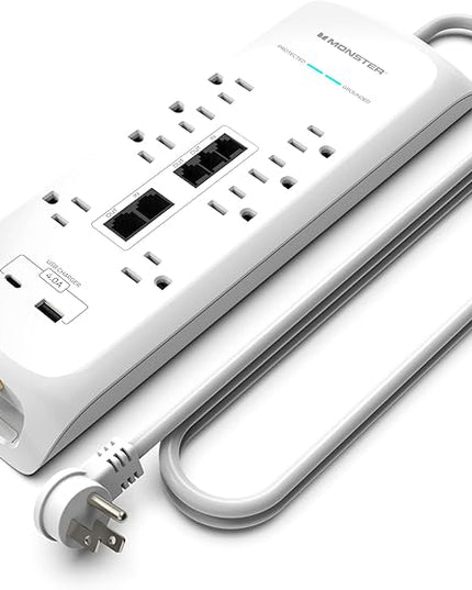 Monster Power Surge Protector w/ 4,050 Jules Rating — Heavy Duty Power Strips with Surge Protection, 8 Outlets, USB-A & USB-C, 2 Coax, 5 Ethernet Ports, Fireproof MOV, Dual Mode (6FT Cord, White)