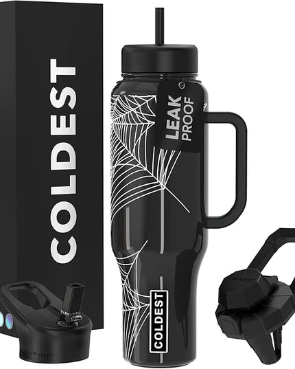 Coldest Tumbler with Handle and Straw, 100% Leak Proof Insulated Tumbler with Lid and Straw (3 Lids), Stainless Steel Tumblers for Women & Men, Cup Holder Friendly Base, 46 oz (Haunted Webs)