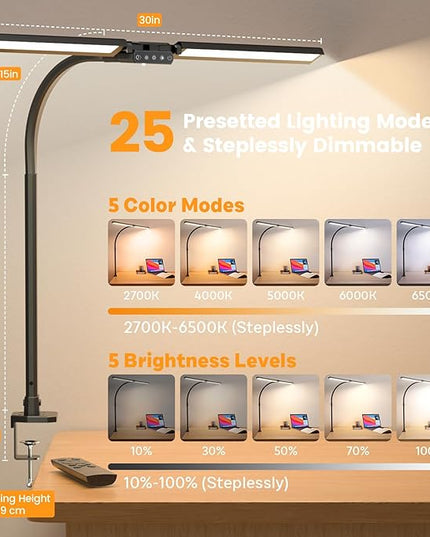 LED Desk Lamp for Home Office - Remote Control Desk Light Computer Lamp with clamp, 22W, Dimmable, Color Changing, Touch Control, Height Adjustable, Black Table Task Light Bar for Work