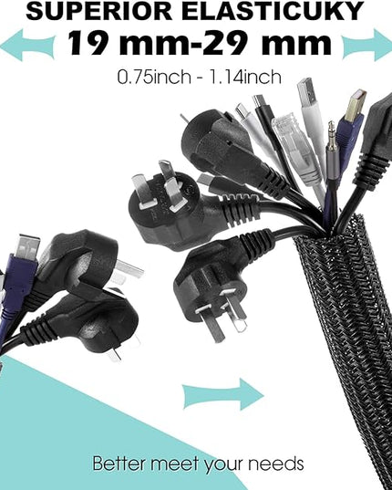 AGPTEK Cable Sleeve Cover, 2 Pack 5ft - 1.2 inch Desk Cord Organizer Cable Hider, Home Office Wire Management Computer TV Wire Loom Tubing, Pet Proof Cord Protector, from Cat Dog Chewing, Black